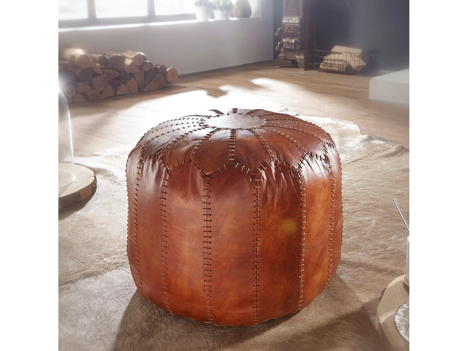 pouf cuir véritable 52x40x52cm pouf tabouret rembourré tabouret rond Orient