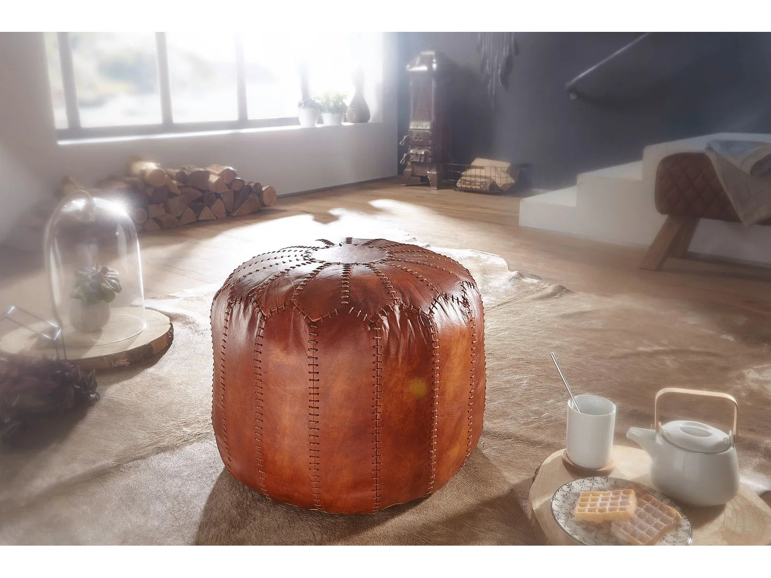 pouf cuir véritable 52x40x52cm pouf tabouret rembourré tabouret rond Orient