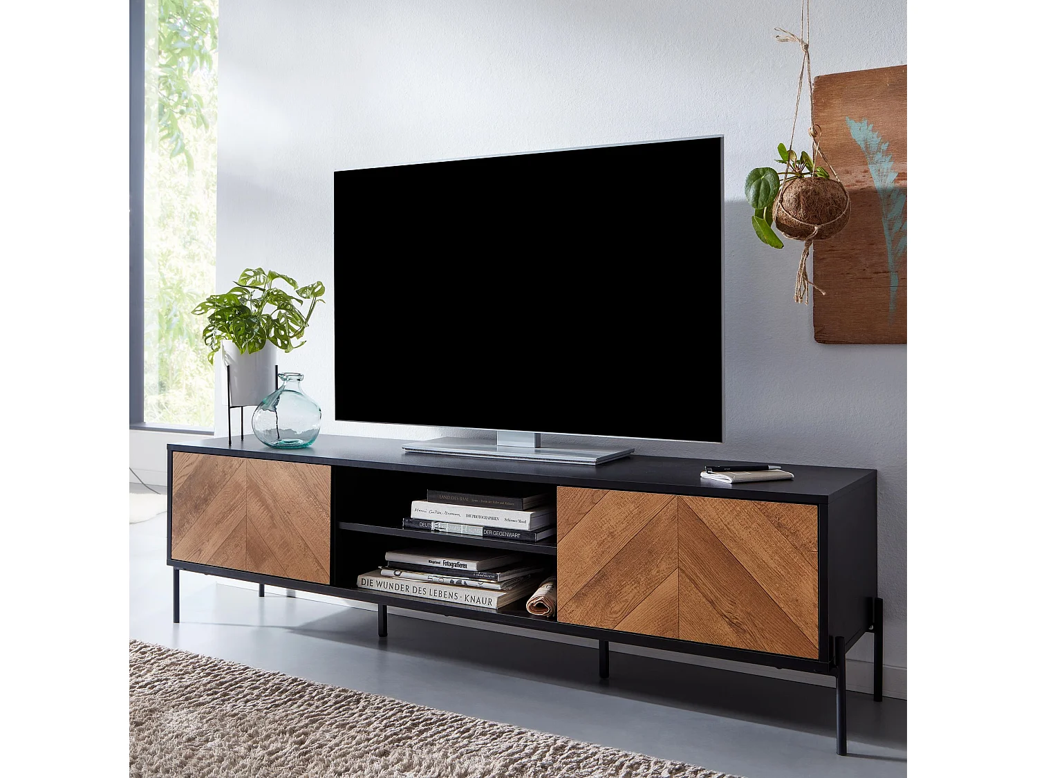 Meuble TV 163x45x40 cm Bois Noir Chêne Lowboard Panneau de Télévision