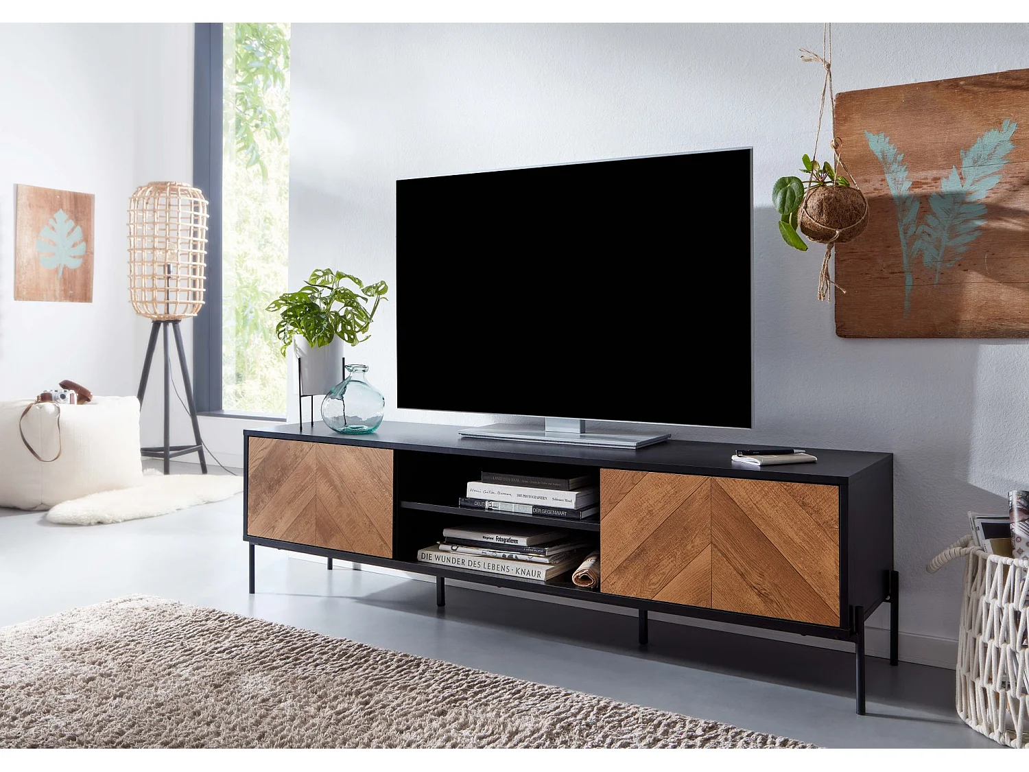 Meuble TV 163x45x40 cm Bois Noir Chêne Lowboard Panneau de Télévision