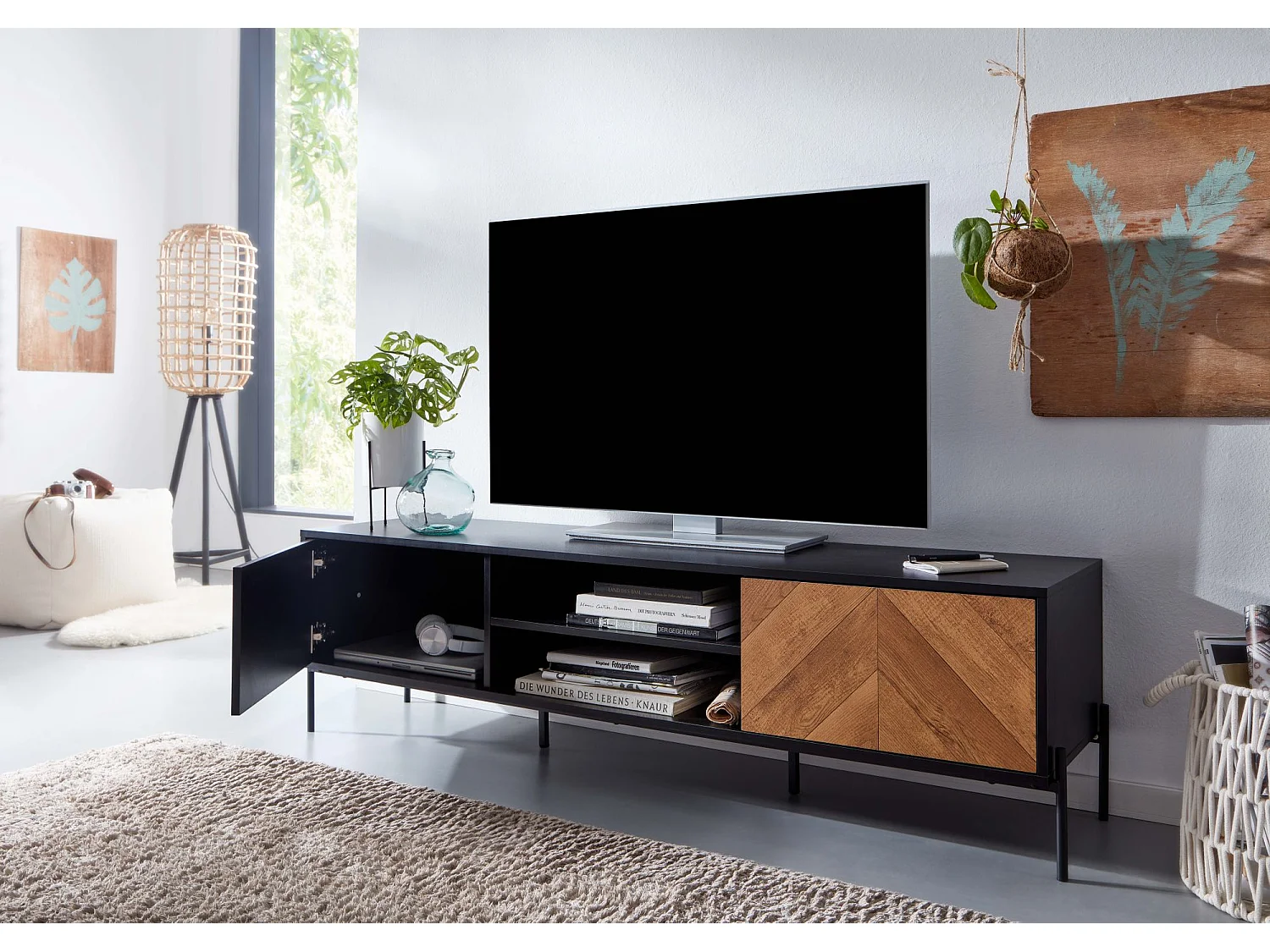 Meuble TV 163x45x40 cm Bois Noir Chêne Lowboard Panneau de Télévision