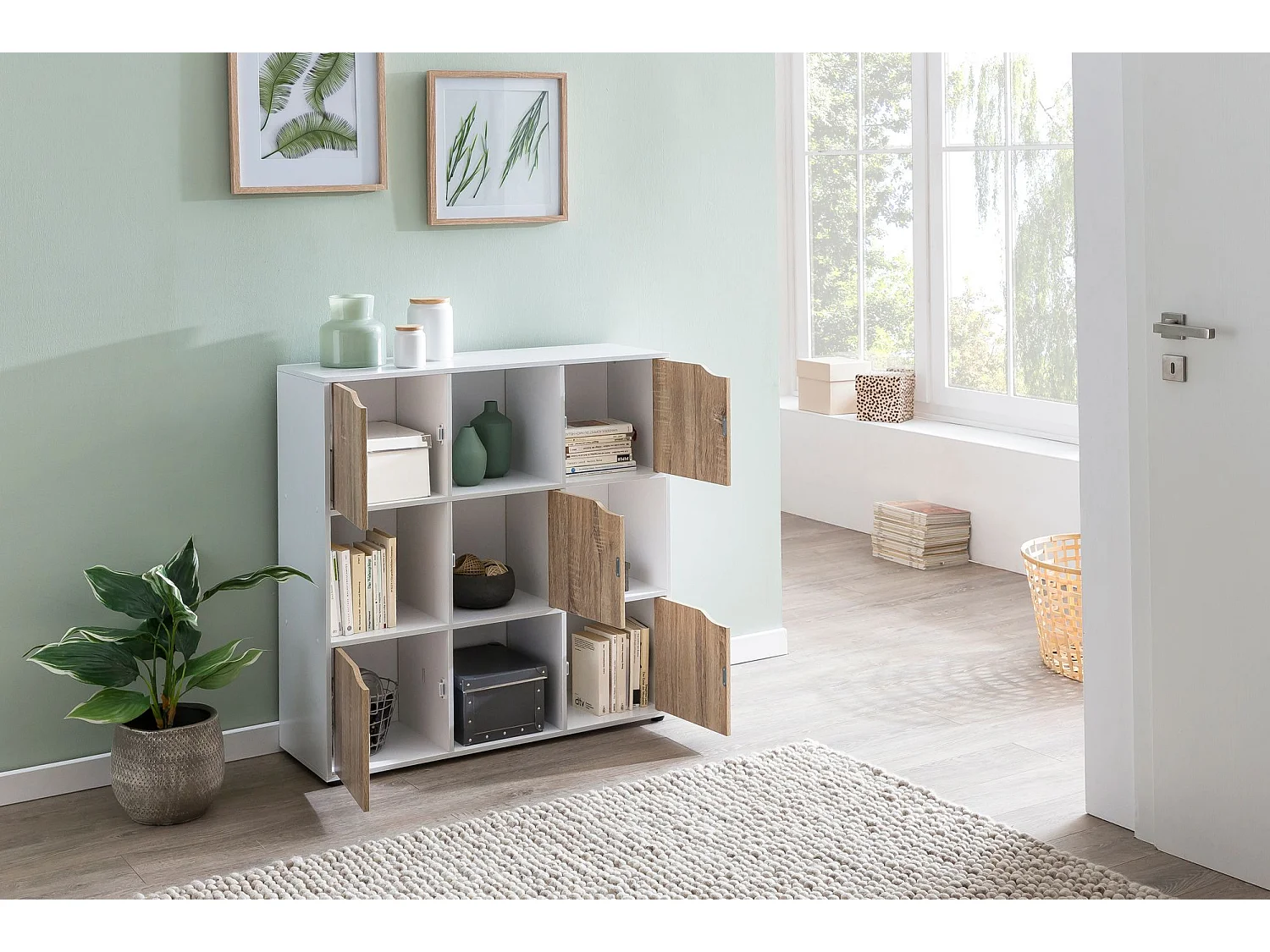 Étagère de Rangement 89x91x29 cm Bibliothèque Blanche avec Porte Salon