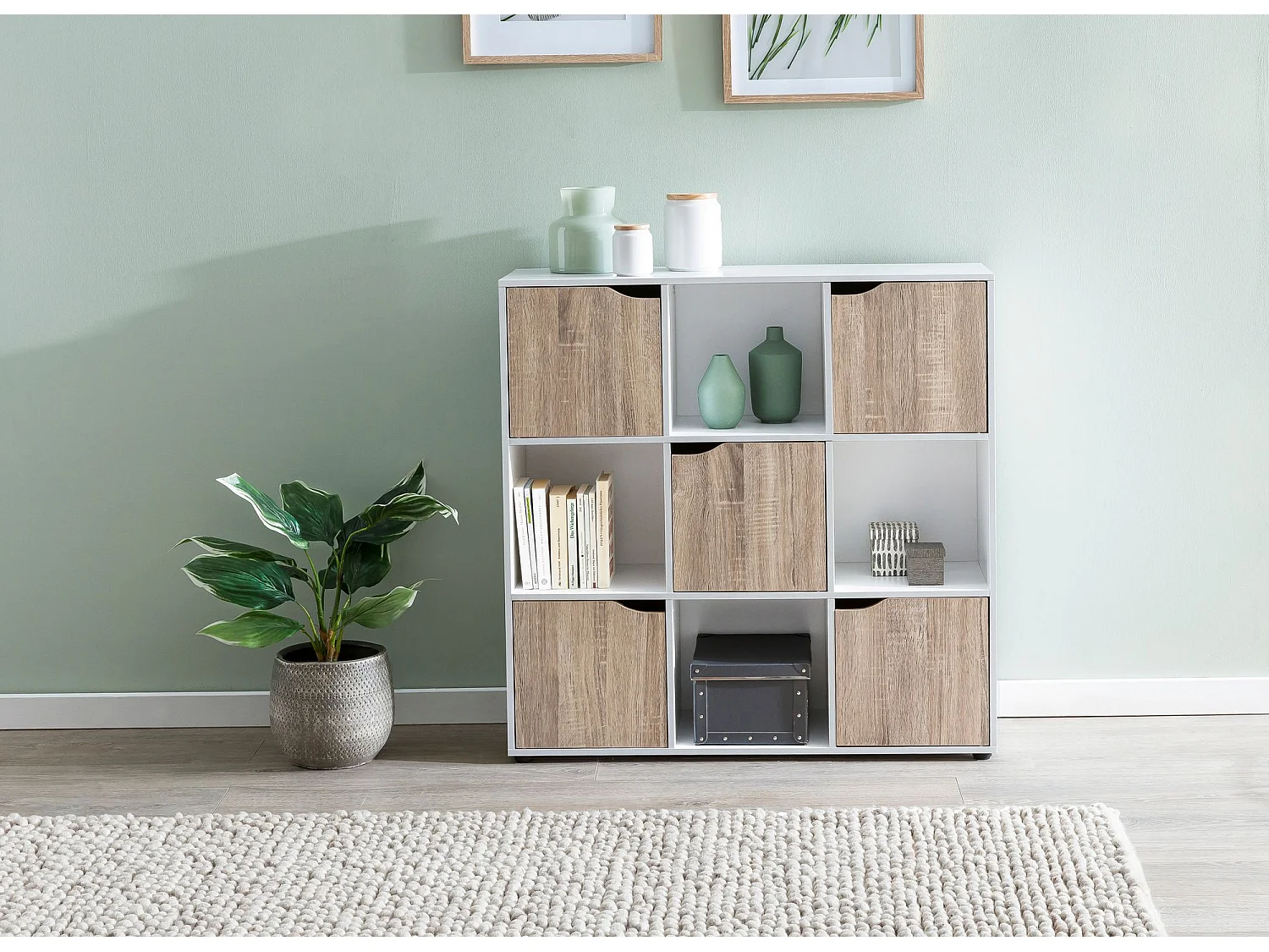 Étagère de Rangement 89x91x29 cm Bibliothèque Blanche avec Porte Salon