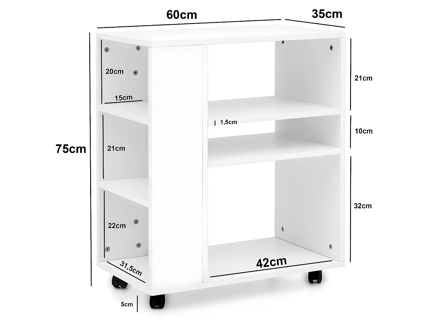Étagère de Rangement Roulette 60x75x35 cm Bibliothèque Ouverte Salon