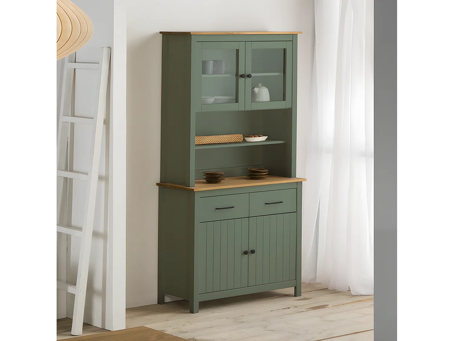 Vaisselier 4 portes 2 tiroirs en bois massif vert L90xH180 cm - Ida