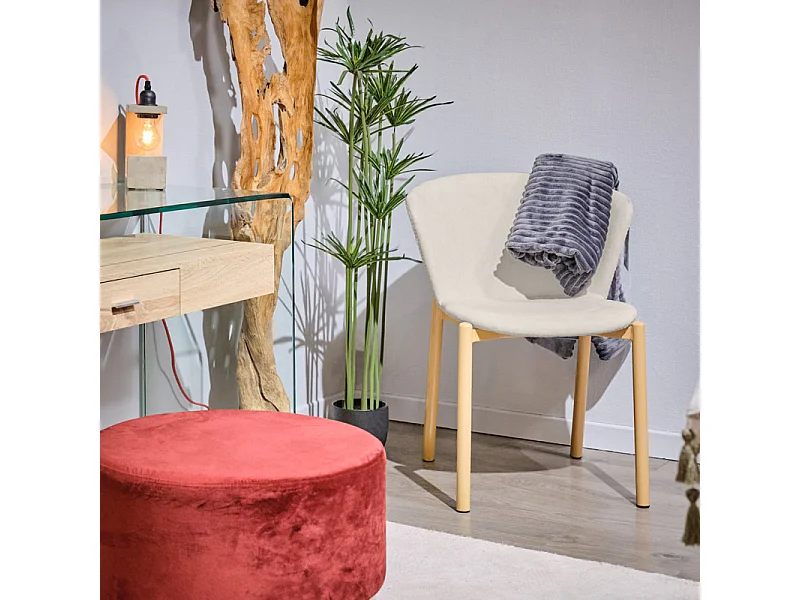 Lot de 2 chaises tissu beige crème et pieds métal effet bois - FOCA