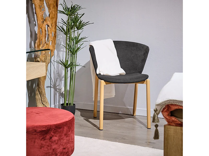 Lot 2 chaises tissu gris anthracite et pieds métal effet bois - FOCA