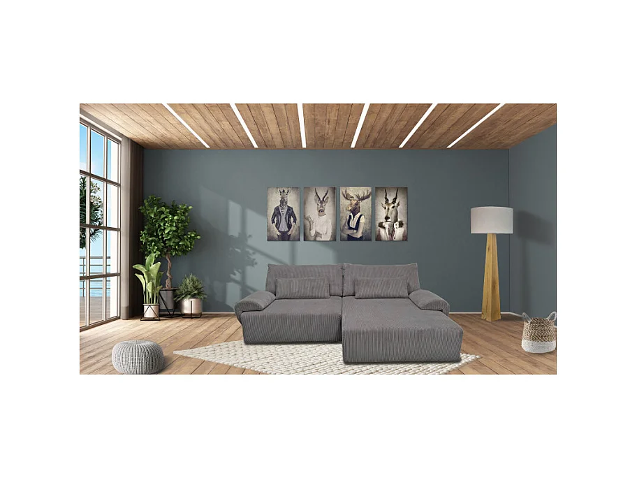 Canapé d'angle réversible et convertible velours côtelé gris - LESTER