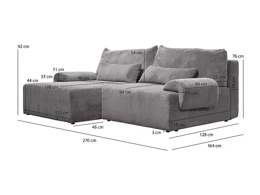 Canapé d'angle réversible et convertible velours côtelé gris - LESTER