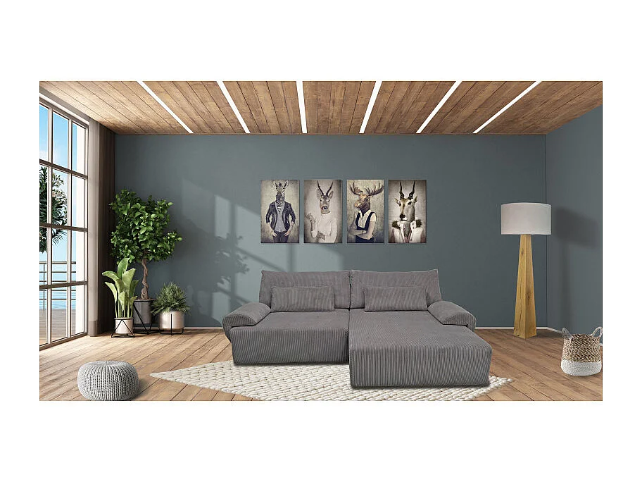 Canapé d'angle réversible et convertible velours côtelé gris - LESTER