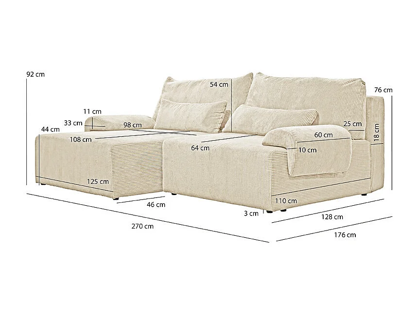 Canapé d'angle réversible et convertible velours côtelé beige - LESTER