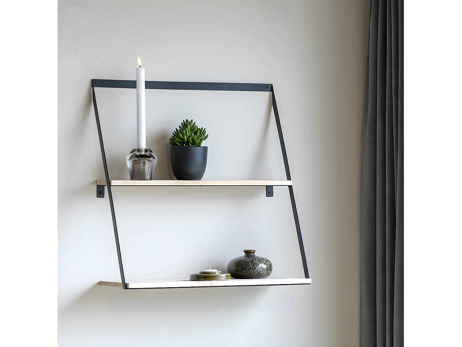 BASIK - Etagère Murale Double en Bois et Métal Noir