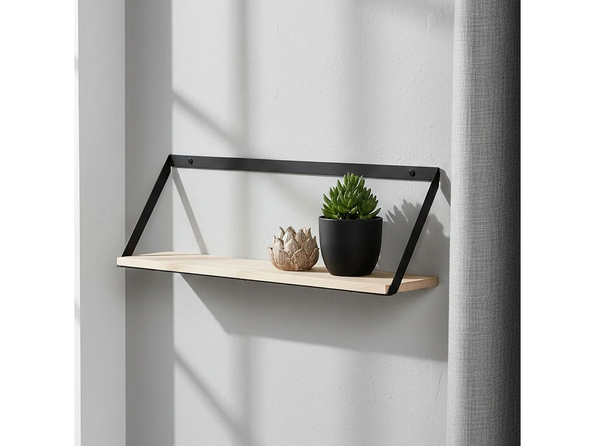 BASIK - Etagère Murale Simple en Bois et Métal Noir