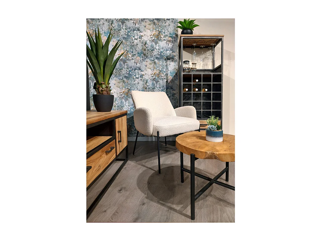 Fauteuil tissu bouclette écru imitation laine pieds métal noir - SHEEP