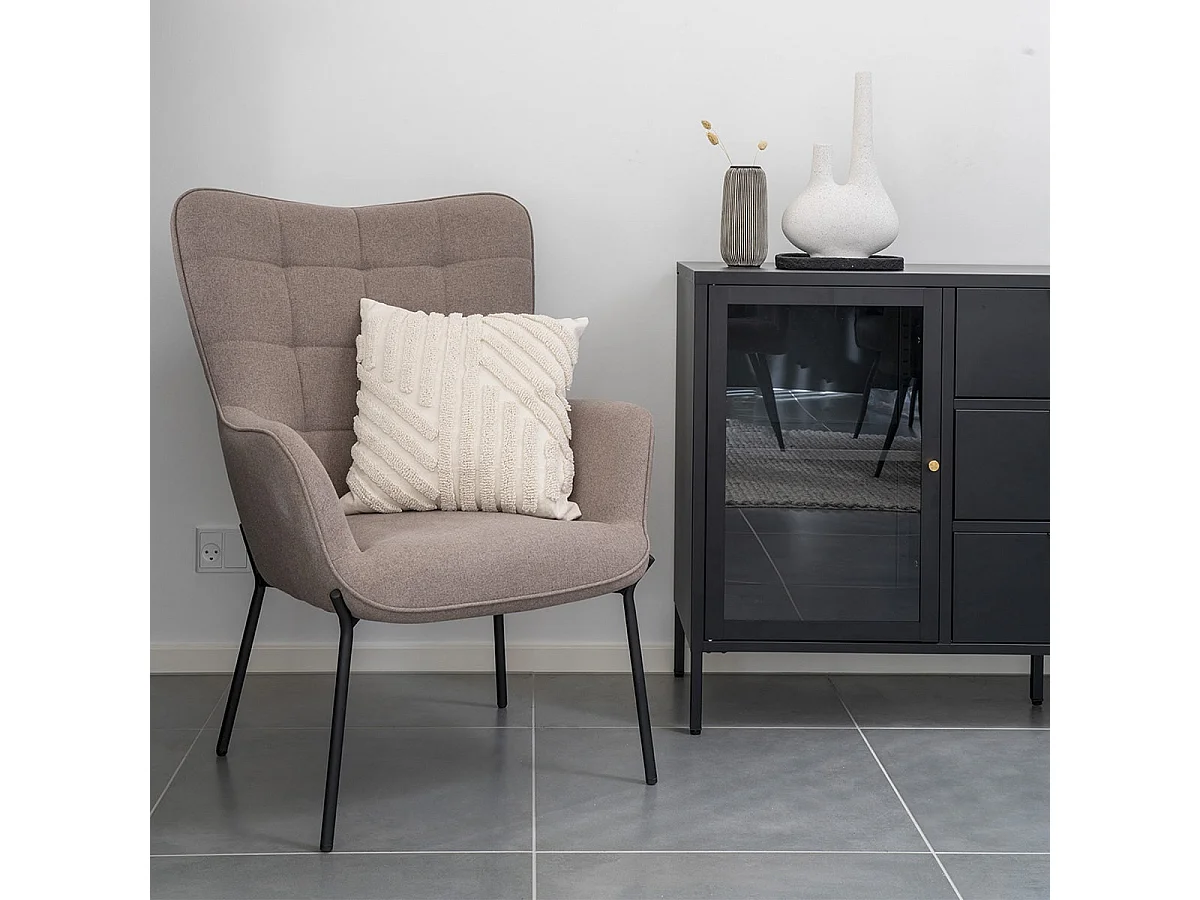 FINTRY - Fauteuil Tissu Taupe  et Piétement Acier Noir