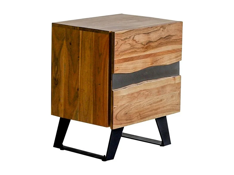 VOLSKA - Chevet 2 Tiroirs en Acacia Massif et Métal Noir