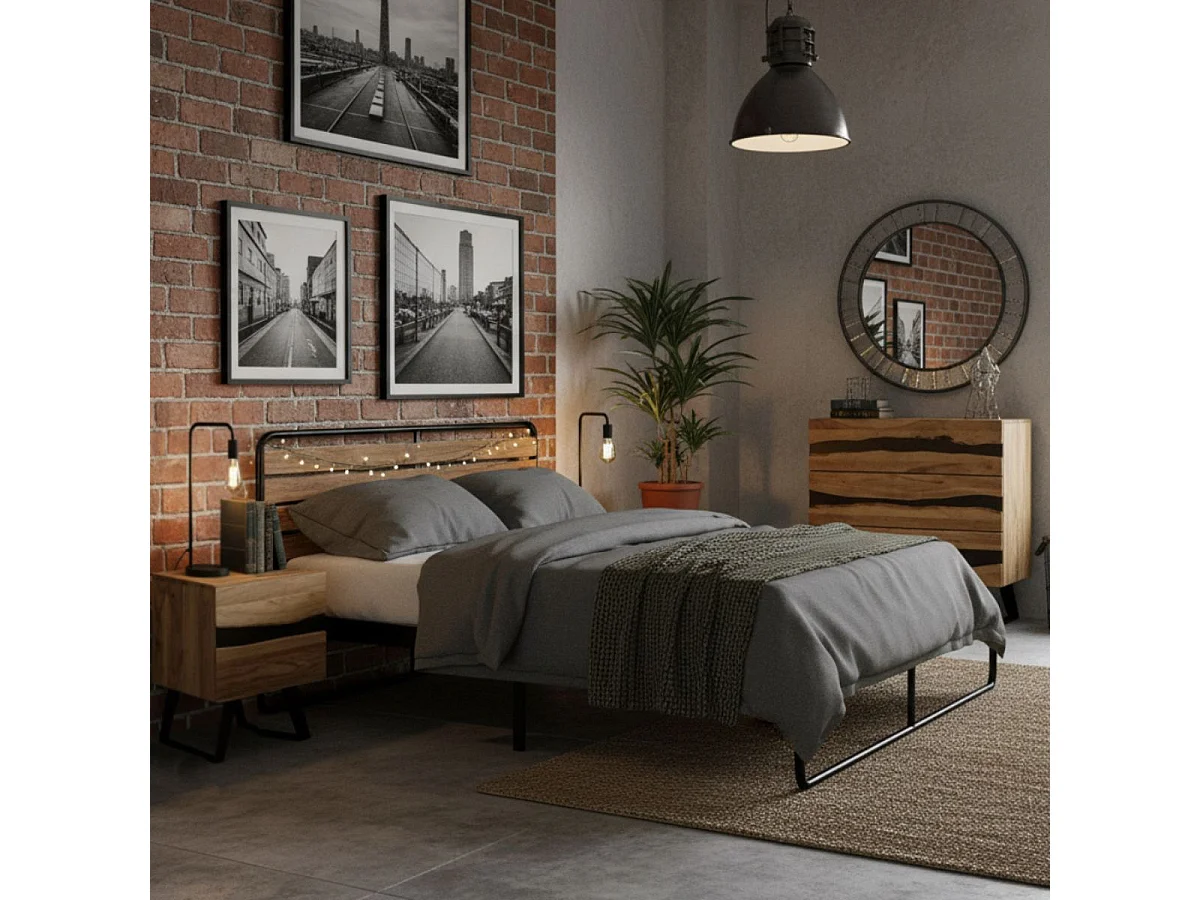 VOLSKA - Chevet 2 Tiroirs en Acacia Massif et Métal Noir