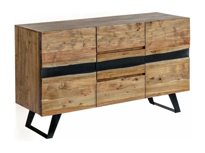 VOLSKA - Buffet 2 Portes 3 Tiroirs en Acacia Massif et Métal Noir