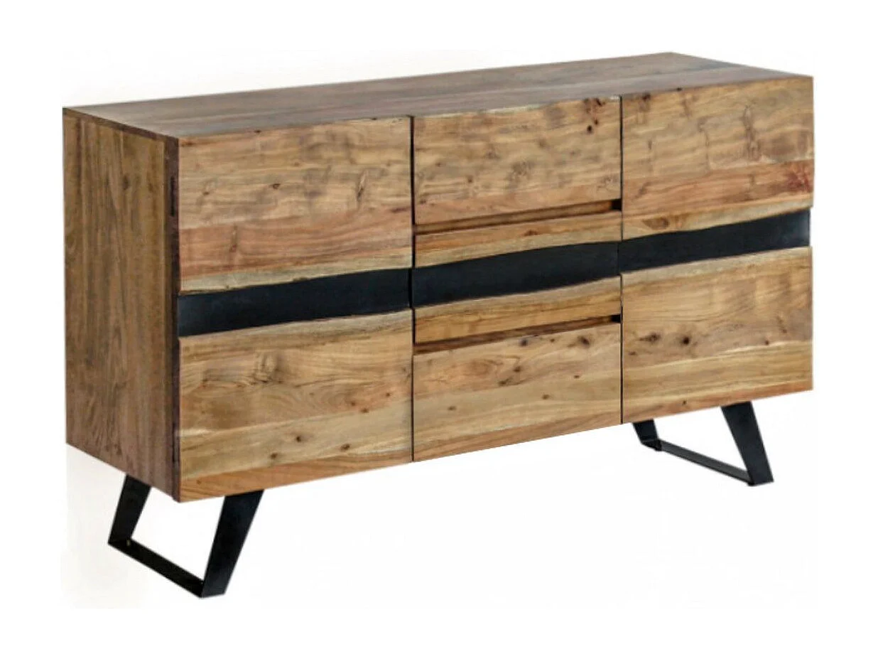 VOLSKA - Buffet 2 Portes 3 Tiroirs en Acacia Massif et Métal Noir