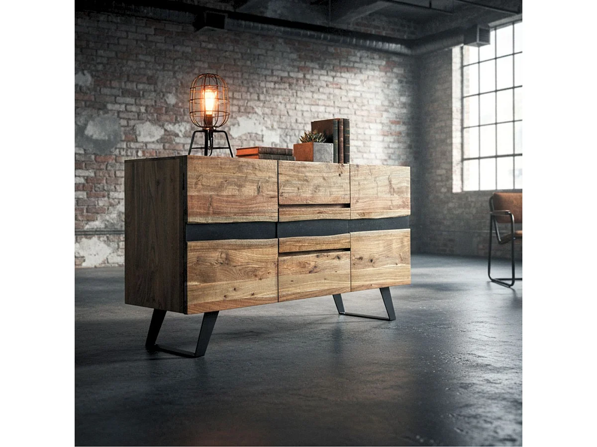 VOLSKA - Buffet 2 Portes 3 Tiroirs en Acacia Massif et Métal Noir