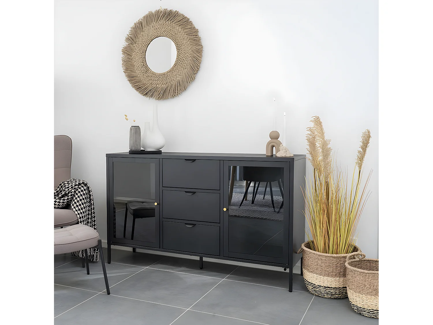 HUGO - Buffet 2 Portes Vitrées 3 Tiroirs en Métal Laqué Noir