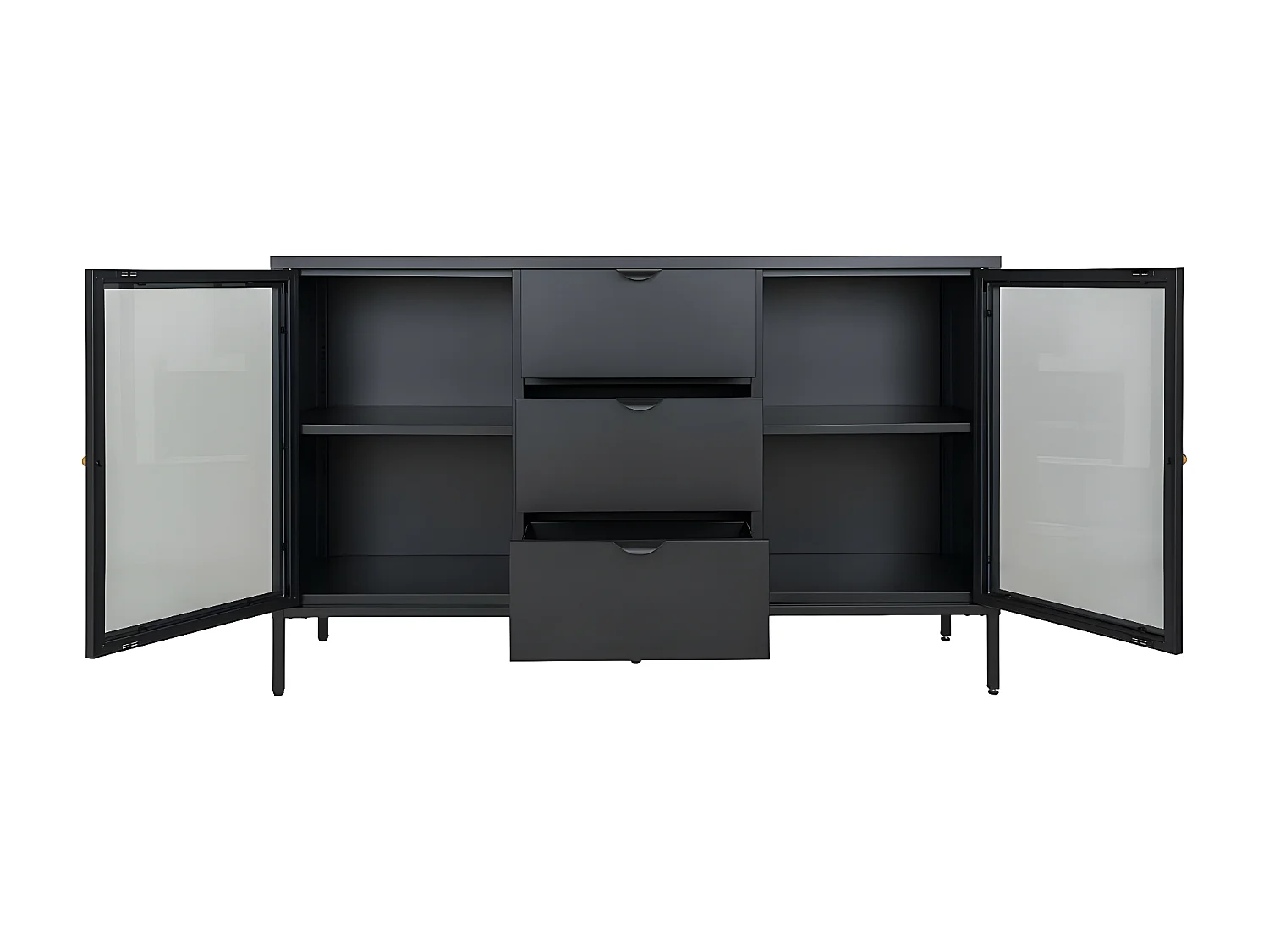 HUGO - Buffet 2 Portes Vitrées 3 Tiroirs en Métal Laqué Noir