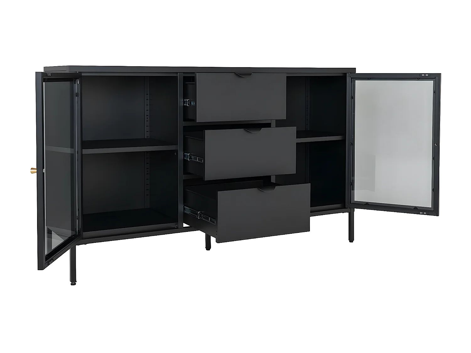 HUGO - Buffet 2 Portes Vitrées 3 Tiroirs en Métal Laqué Noir