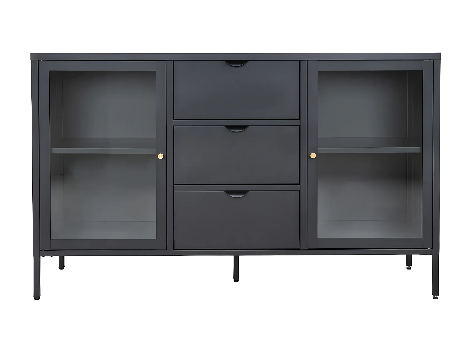 HUGO - Buffet 2 Portes Vitrées 3 Tiroirs en Métal Laqué Noir