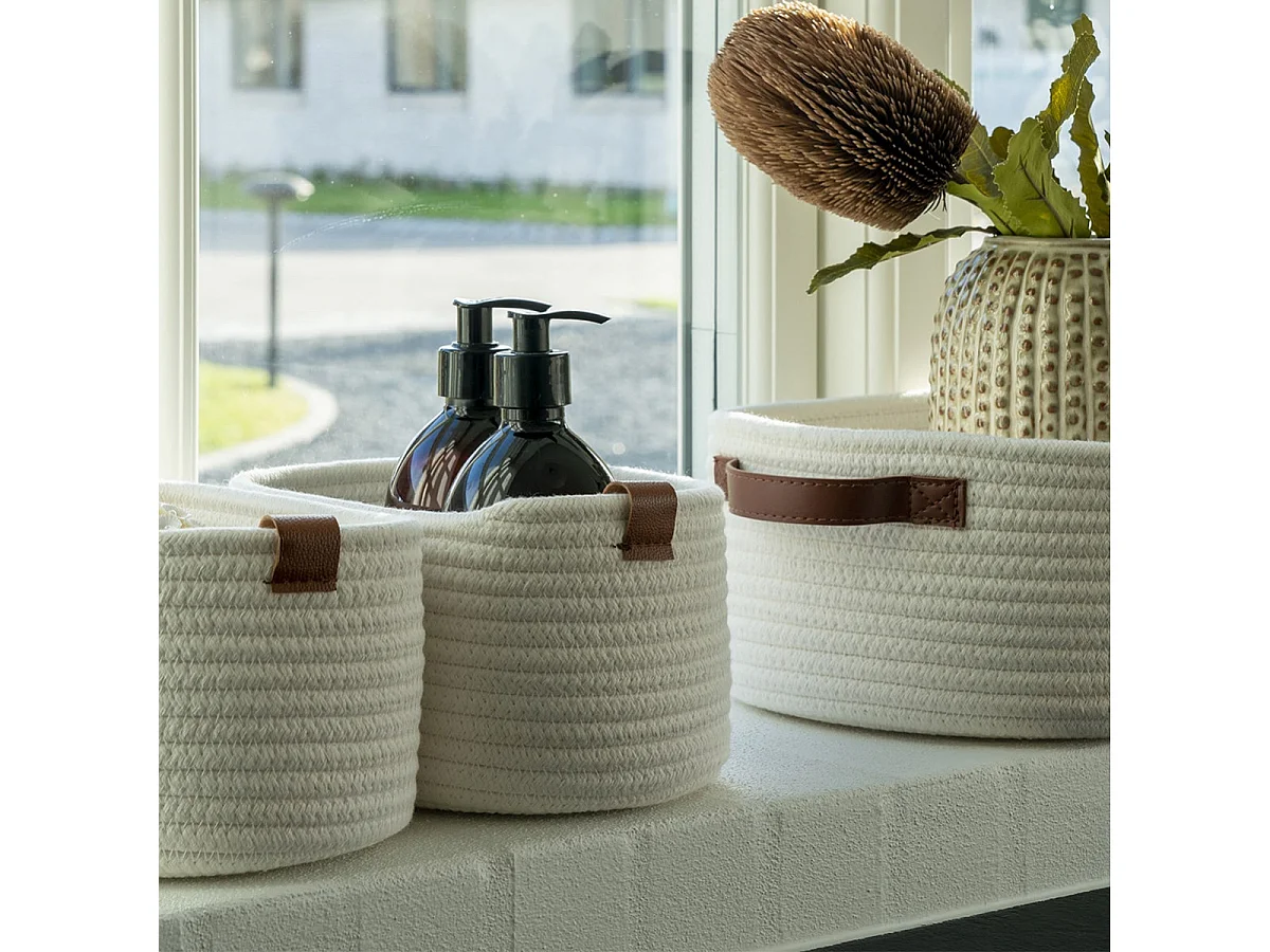 JIANA - Lot de 3 Paniers en Coton Blanc et Poignées Imitation Cuir Marron