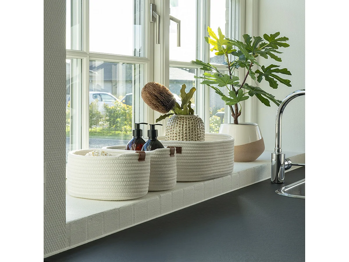 JIANA - Lot de 3 Paniers en Coton Blanc et Poignées Imitation Cuir Marron