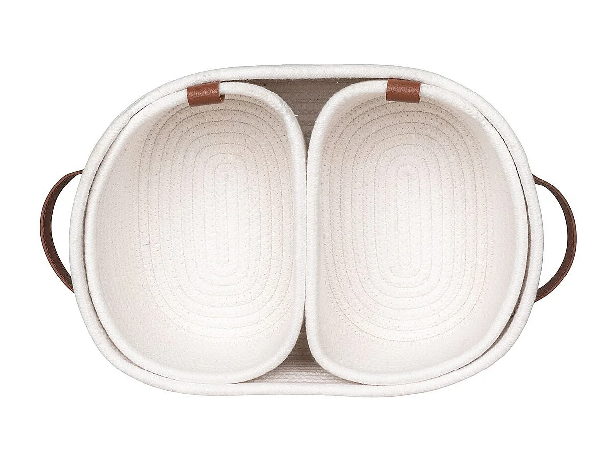 JIANA - Lot de 3 Paniers en Coton Blanc et Poignées Imitation Cuir Marron