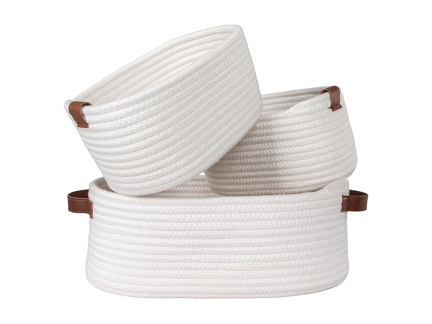 JIANA - Lot de 3 Paniers en Coton Blanc et Poignées Imitation Cuir Marron