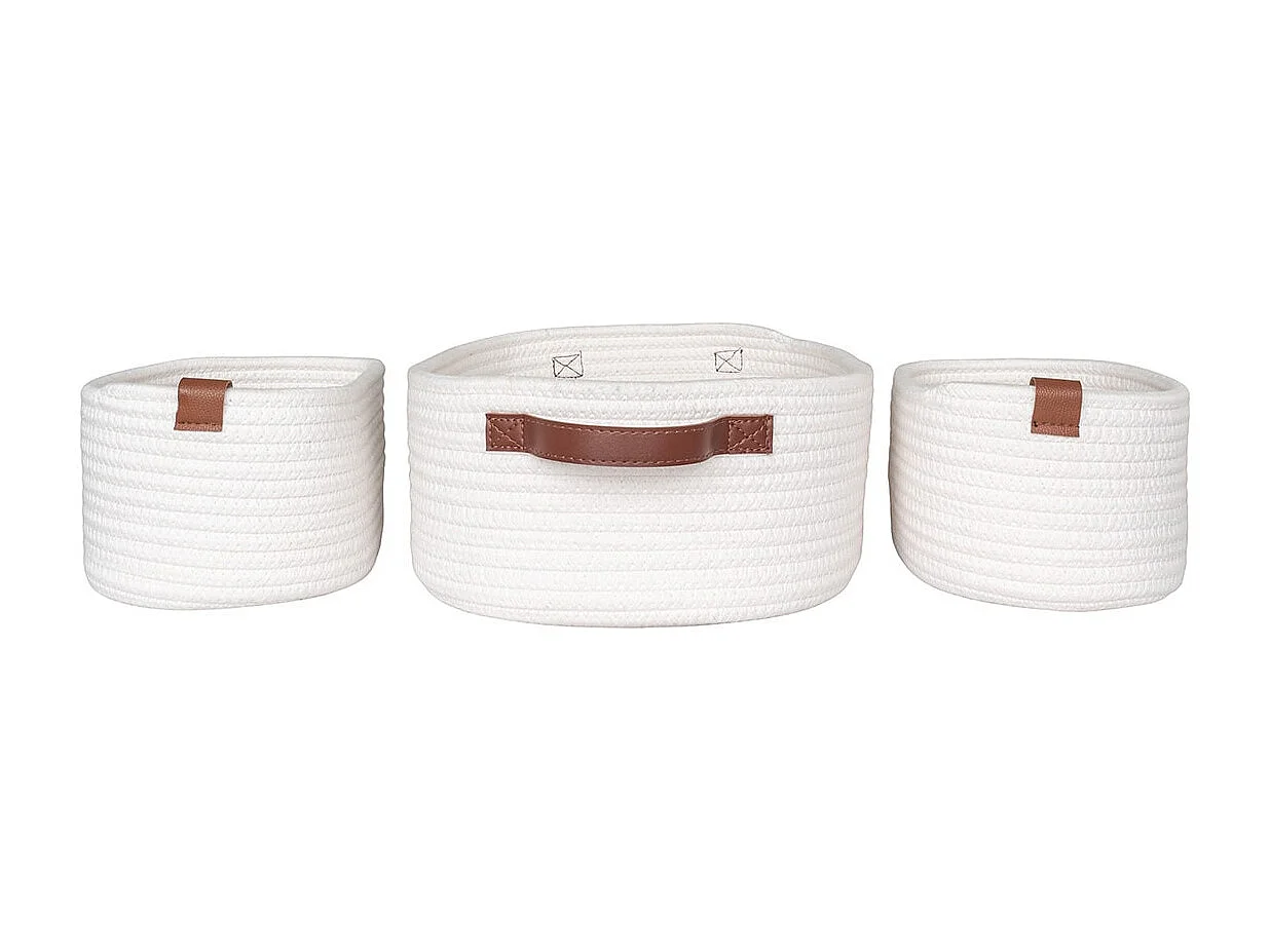 JIANA - Lot de 3 Paniers en Coton Blanc et Poignées Imitation Cuir Marron