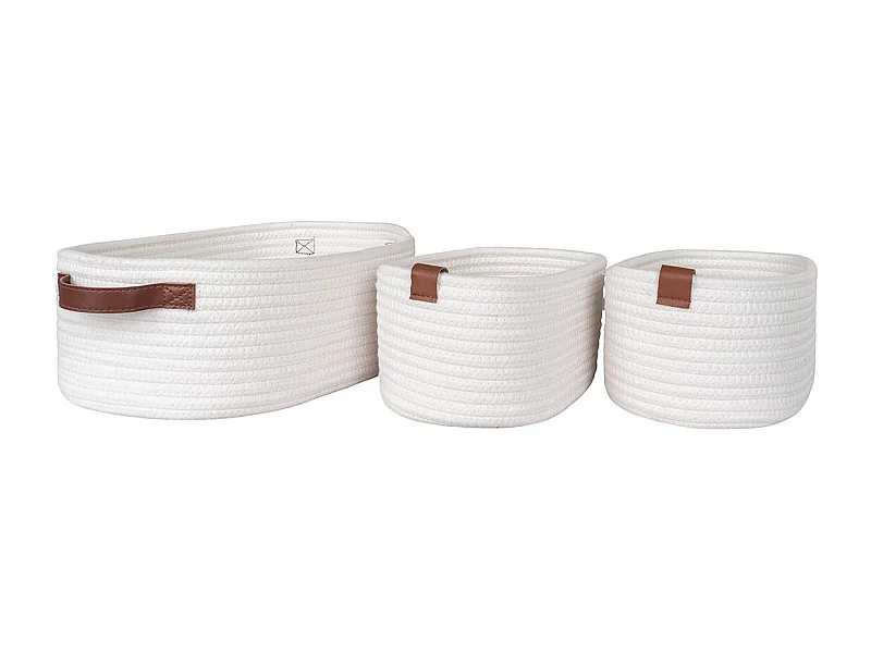 JIANA - Lot de 3 Paniers en Coton Blanc et Poignées Imitation Cuir Marron
