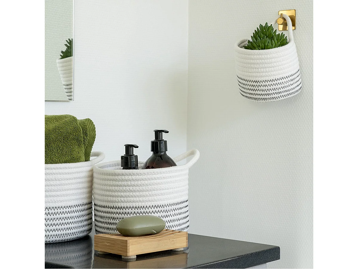 BIANCA - Lot de 3 Paniers en Coton Blanc et avec surpiqûres zig-zag et 1 Poignée