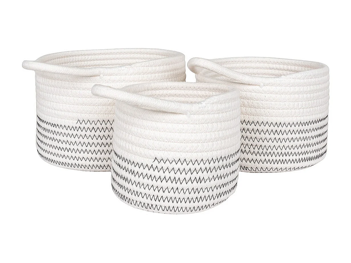 BIANCA - Lot de 3 Paniers en Coton Blanc et avec surpiqûres zig-zag et 1 Poignée