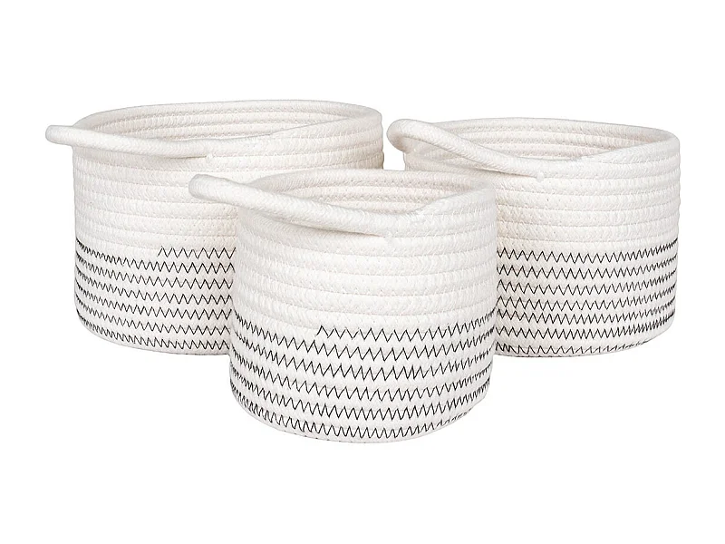 BIANCA - Lot de 3 Paniers en Coton Blanc et avec surpiqûres zig-zag et 1 Poignée