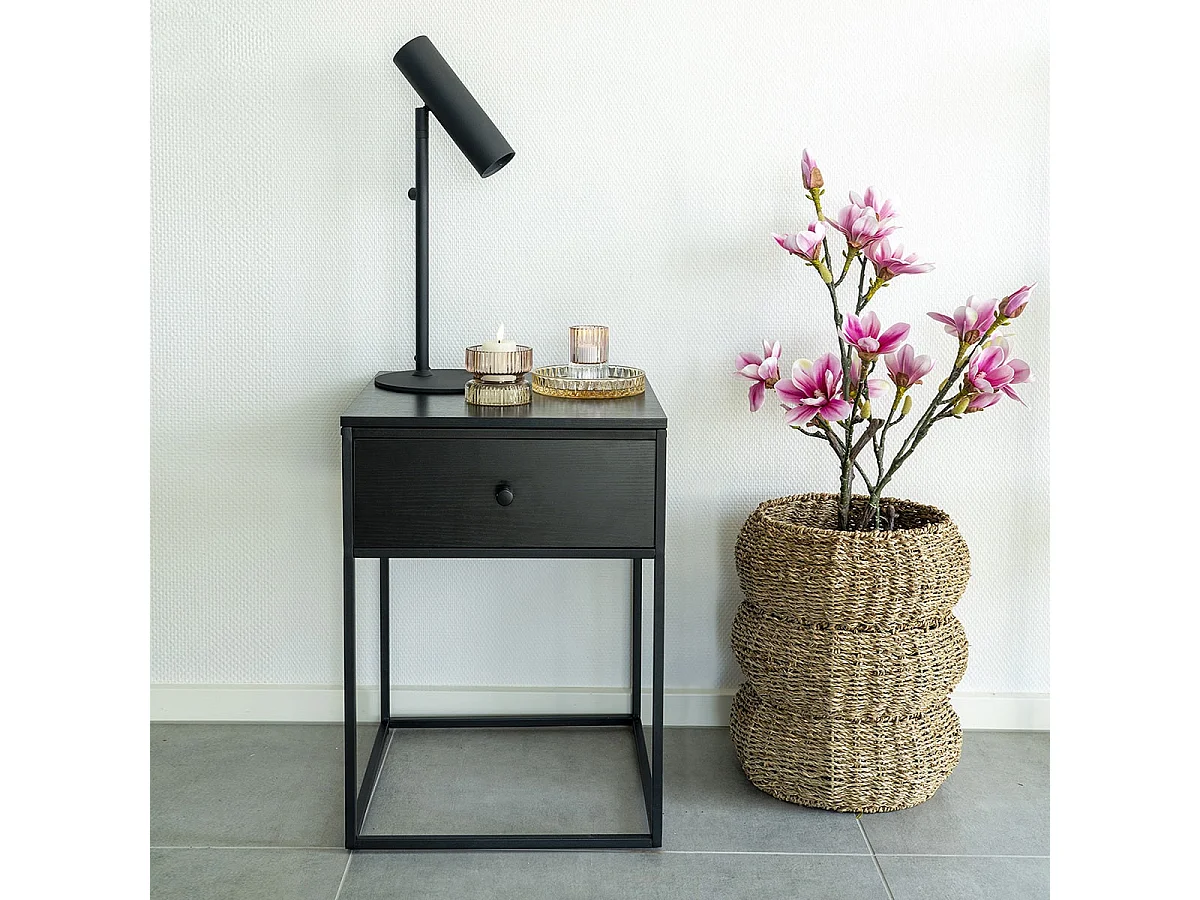 HARALD - Bout de Canapé 1 Tiroir Carré Acier et Plateau Aspect Bois Noir