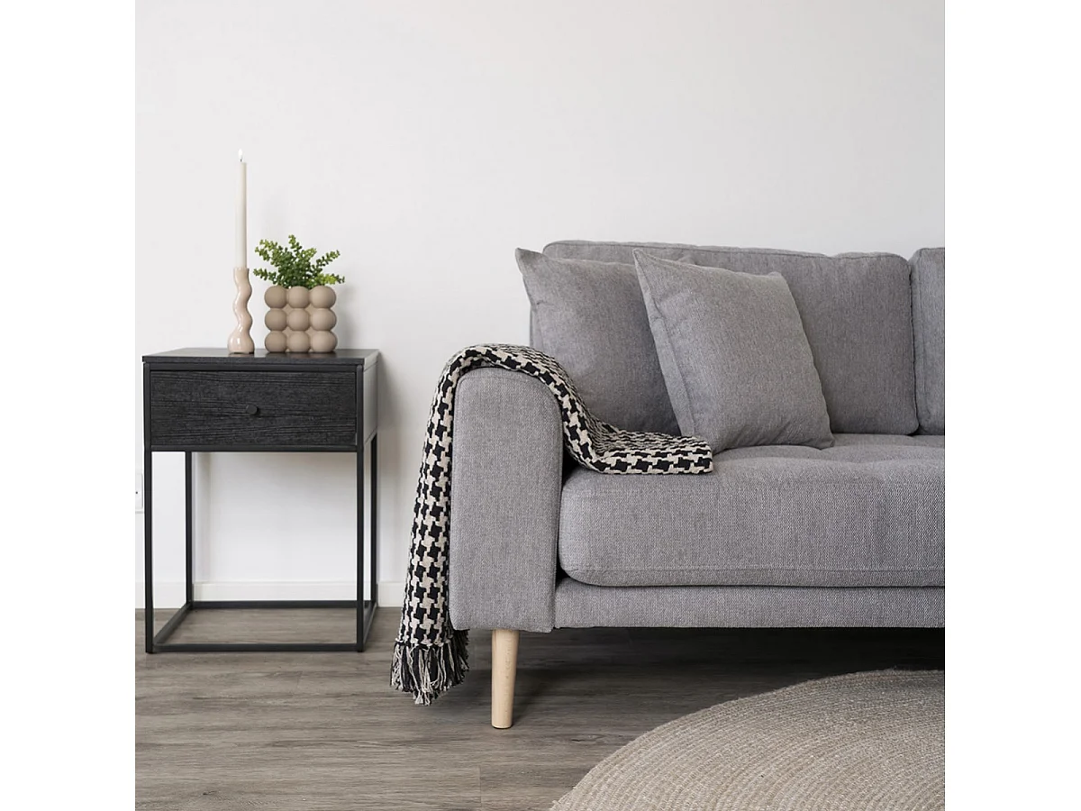 HARALD - Bout de Canapé 1 Tiroir Carré Acier et Plateau Aspect Bois Noir