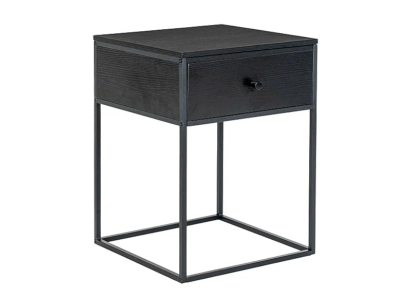 HARALD - Bout de Canapé 1 Tiroir Carré Acier et Plateau Aspect Bois Noir