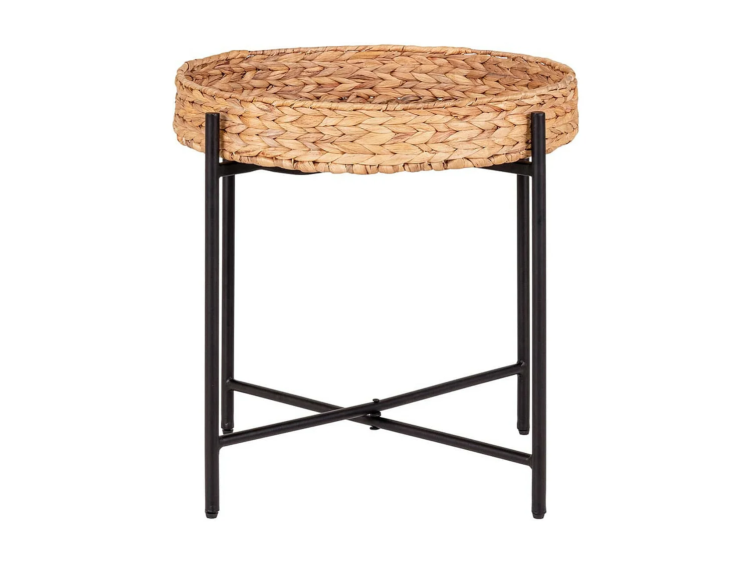 MAUREEN - Table d'appoint Plateau en Jacinthe Tressée Amovible Pieds en Métal Laqué Noir