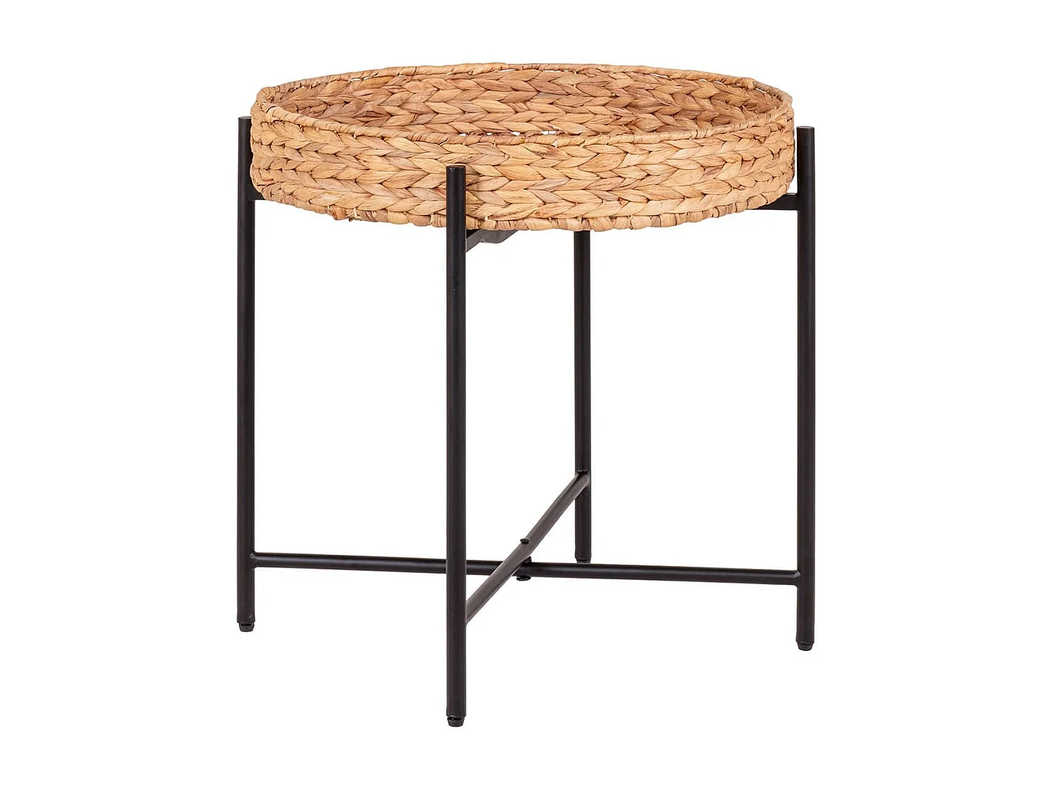 MAUREEN - Table d'appoint Plateau en Jacinthe Tressée Amovible Pieds en Métal Laqué Noir