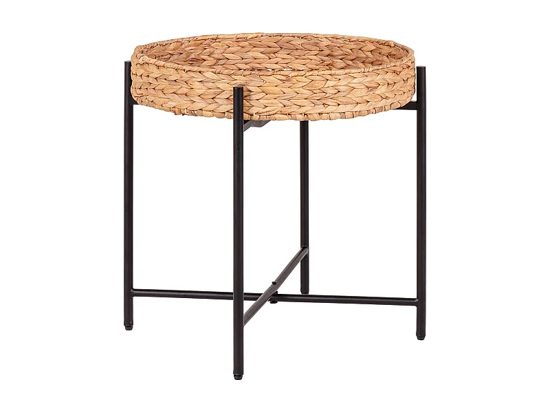 MAUREEN - Table d'appoint Plateau en Jacinthe Tressée Amovible Pieds en Métal Laqué Noir