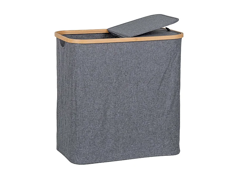 ANDREW - Panière à Linge en Tissu Gris et Bambou Double Abattants