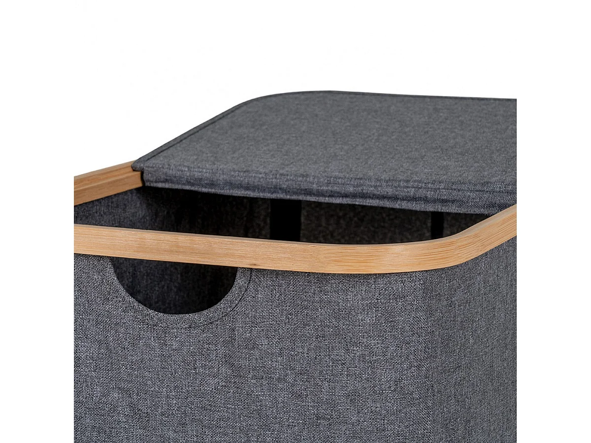 ANDREW - Panière à Linge en Tissu Gris et Bambou Double Abattants