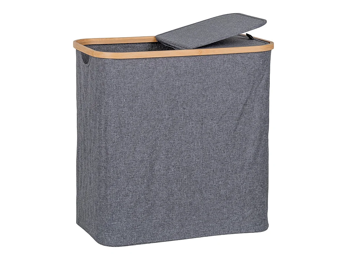 ANDREW - Panière à Linge en Tissu Gris et Bambou Double Abattants