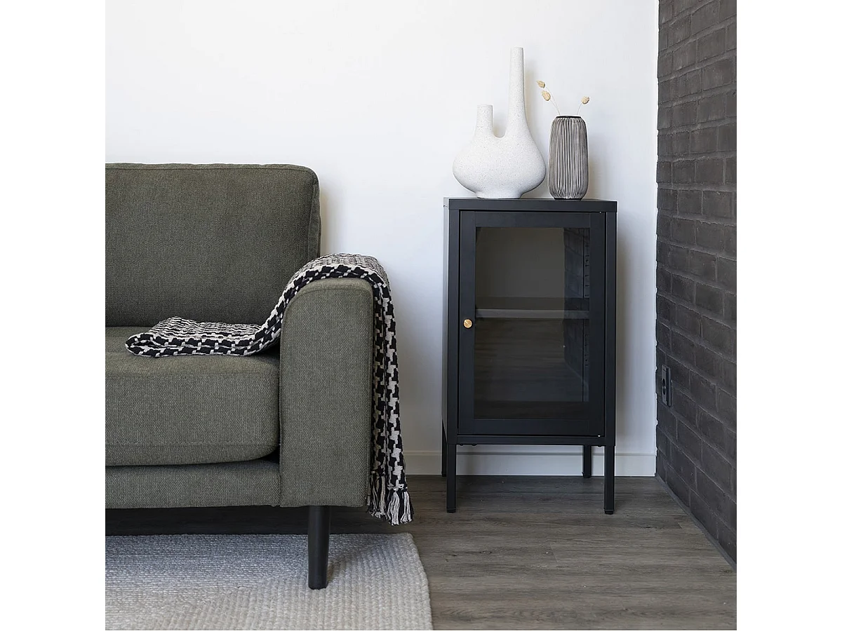 HUGO - Meuble d'appoint  1 Porte Vitrée en Métal Laqué Noir