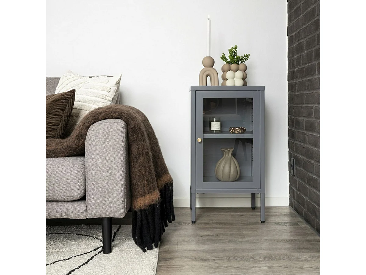 HUGO - Meuble d'appoint  1 Porte Vitrée en Métal Laqué Gris Foncé