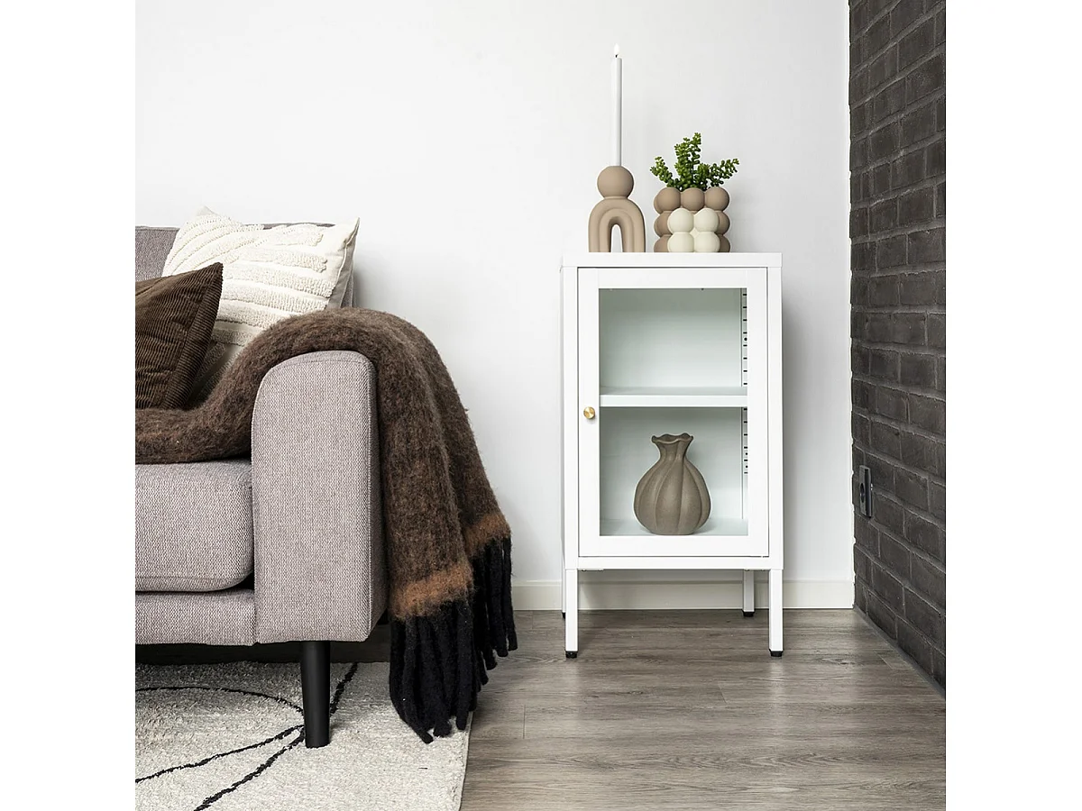 HUGO - Meuble d'appoint  1 Porte Vitrée en Métal Laqué Blanc