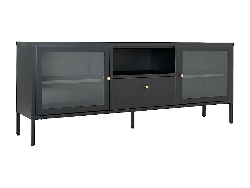 HUGO - Meuble TV 2 Portes Vitrées 1 Tiroir 1 Niche en Métal Laqué Noir